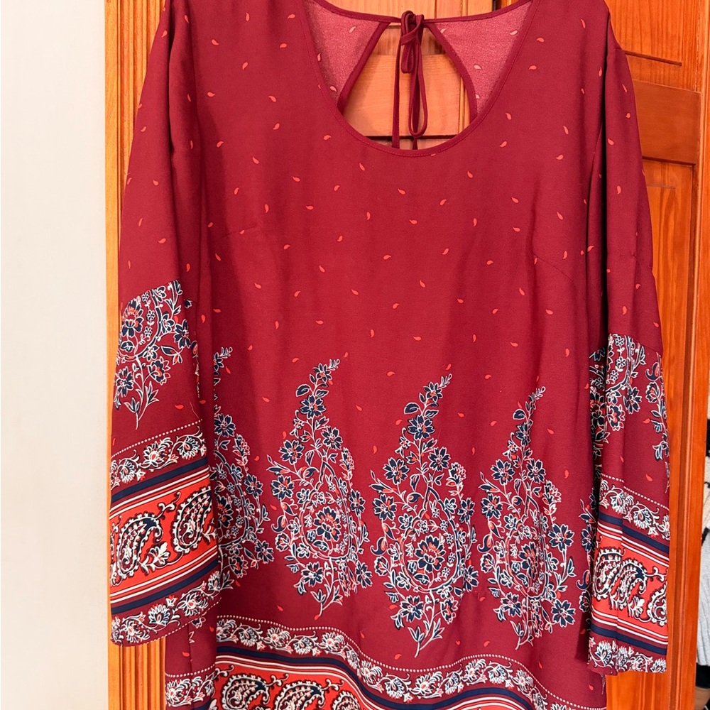 Xhilaration Burgundy Floral Border Print Long Sleeve Dress